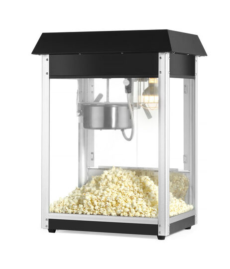 Detailopname van de professionele Hendi popcornmachine in zwart