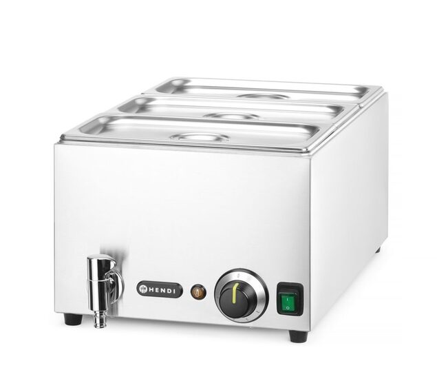 Detailopname van de handige aftapkraan op de Hendi bain-marie