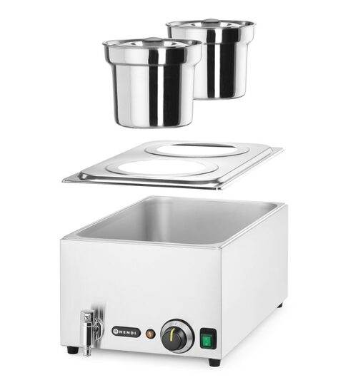 Detailopname van de Hendi bain-marie met ronde bakken