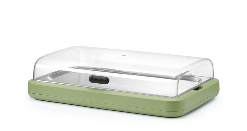 Hendi Uniq koeldisplay in groen met GN 1/1 RVS tray en transparante deksel voor buffet