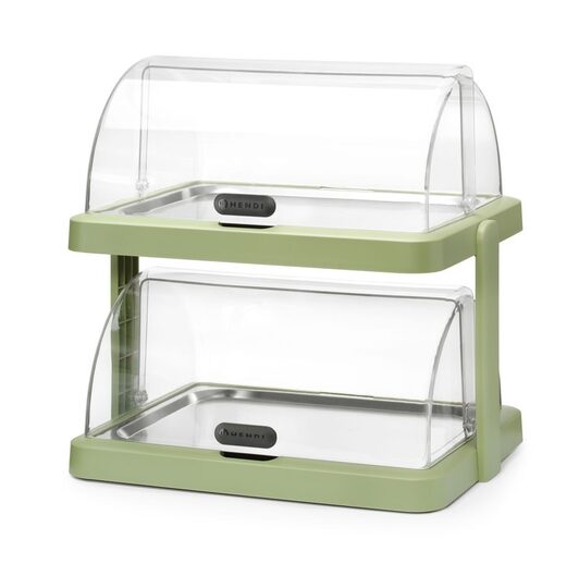 Hendi koeldisplay met dubbele rolltop in groen voor horeca presentatie