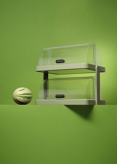 Detailopname van de groene Hendi koeldisplay met rolltop