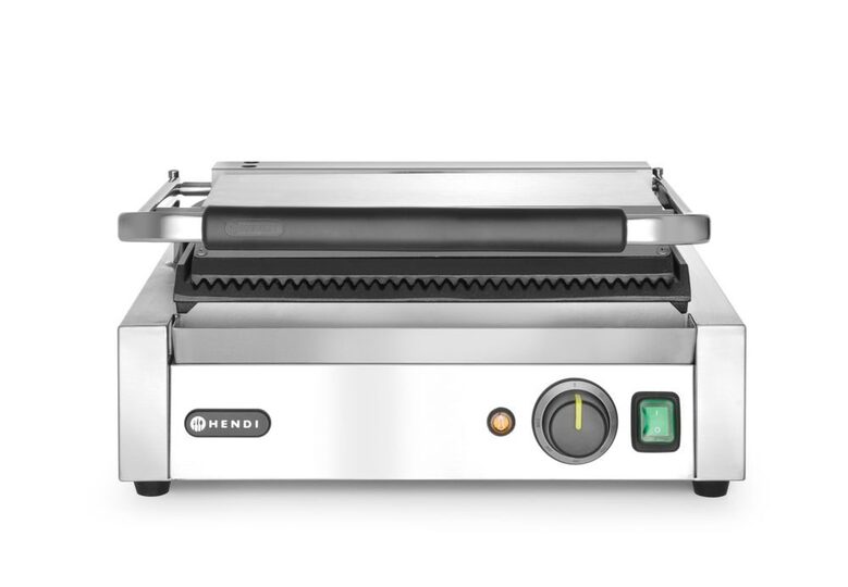 Robuust zijaanzicht van de Hendi panini contactgrill voor de horeca