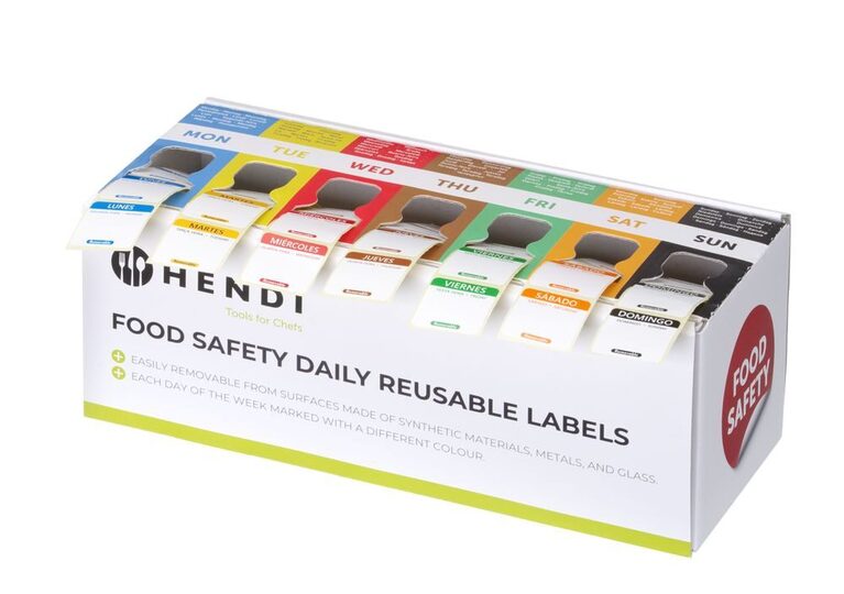 Hendi set voedselveiligheidsstickers met dispenser in Spaans, Portugees en Engels