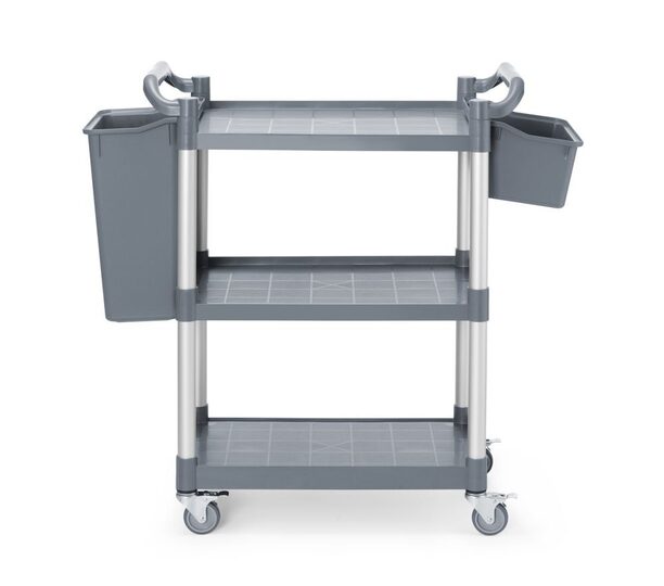 Zijaanzicht van de Hendi serveerwagen met optionele verkrijgbare bakken.