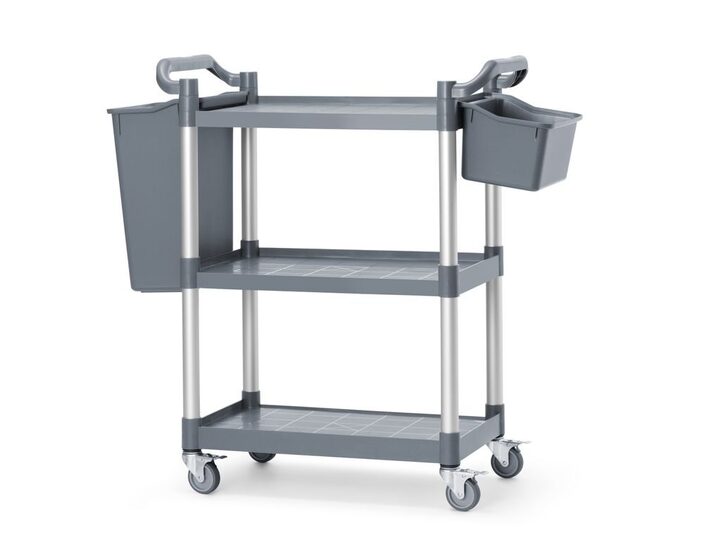 Totaaloverzicht van de Hendi kunststof serveerwagen grijs compleet met bakken (optie)