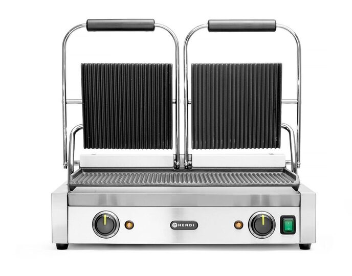 Zijaanzicht van de robuuste Hendi dubbele contactgrill voor de horeca