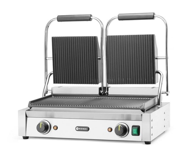 Professionele Hendi dubbele contactgrill 263709 met geribbelde platen