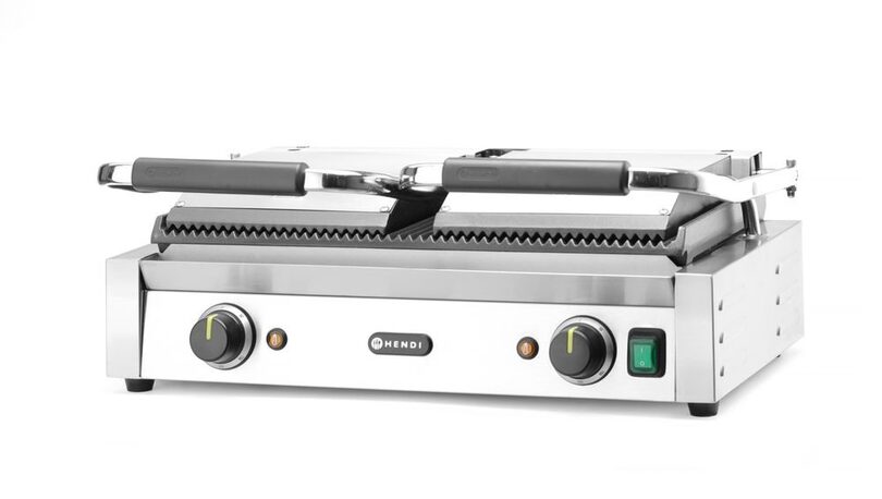 Vooraanzicht van de professionele RVS Hendi dubbele contactgrill