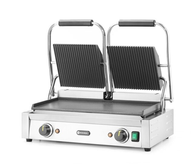 Vooraanzicht van de Hendi dubbele contactgrill voor horeca
