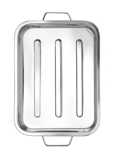 Zijaanzicht van de RVS braadslede voor horeca gebruik