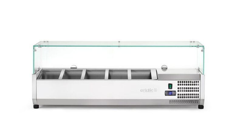 Detailopname van de glazen opzetkoelvitrine van Hendi