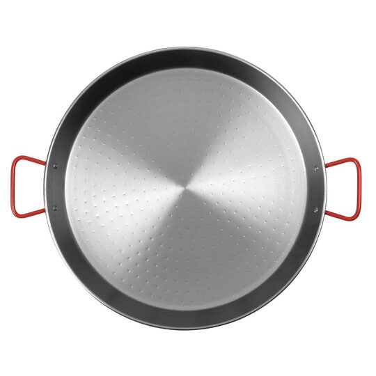 Zijaanzicht van de professionele stalen paellapan