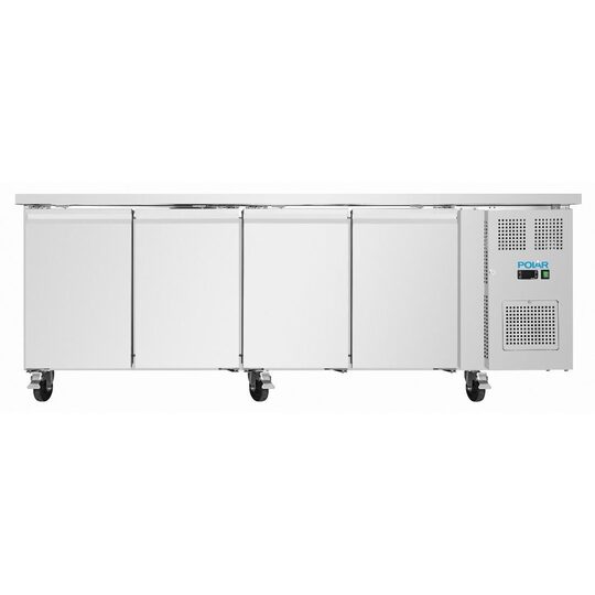 Vooraanzicht van de Polar U-Series slanke koelwerkbank met vier deuren