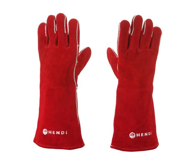 Detailopname van rode Hendi hittebestendige handschoenen