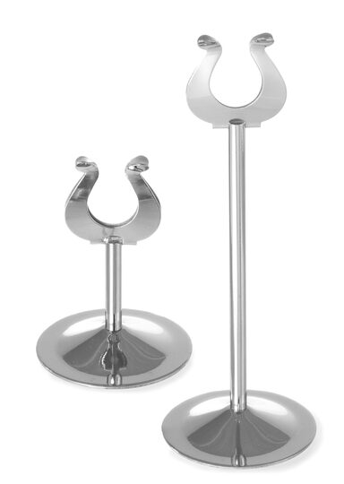 Zilverkleurige Hendi menukaarthouder 10cm (links) de 20cm hoge versie (rechts)