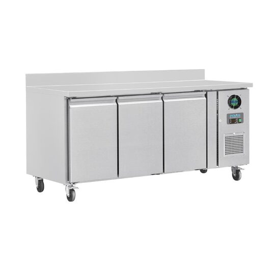Polar RVS 3-deurs werkbank vriezer met spatrand (417 ltr.)