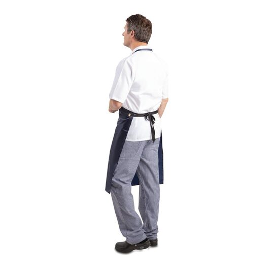 Zijaanzicht blauw nylon schort voor horeca